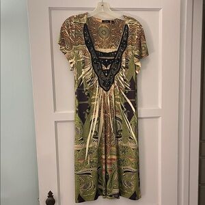 Olive Green Paisley Midi Dress with Black Beaded Yoke